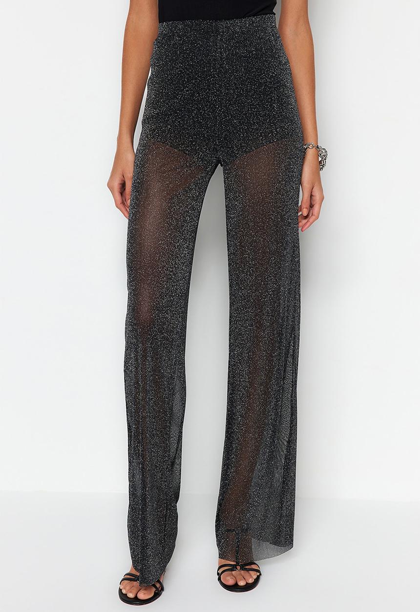 Trendyol - Wide Leg Lined Shiny Knitted Mesh Trousers - Black