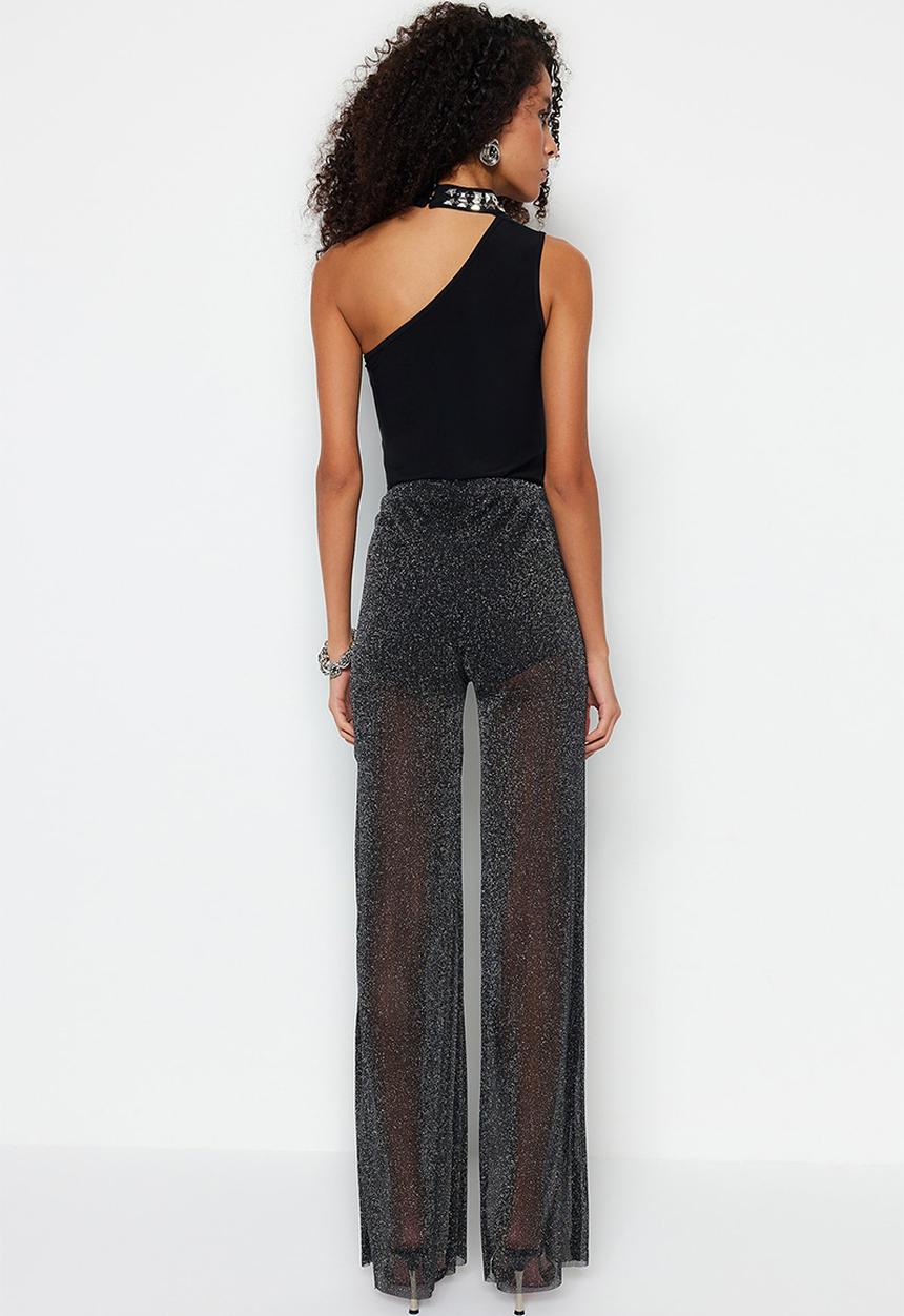 Trendyol - Wide Leg Lined Shiny Knitted Mesh Trousers - Black