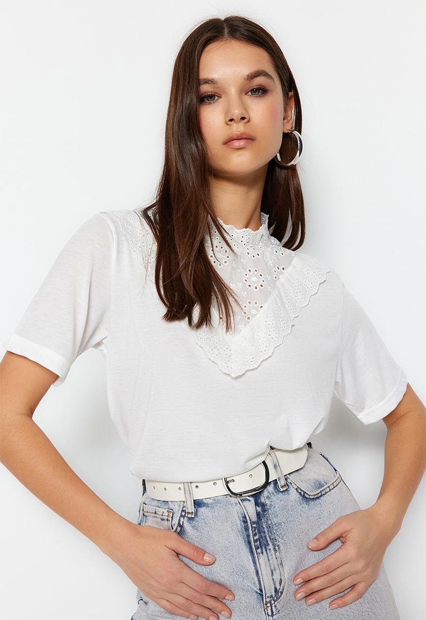 Trendyol - Embroidered Cotton Shirt - White