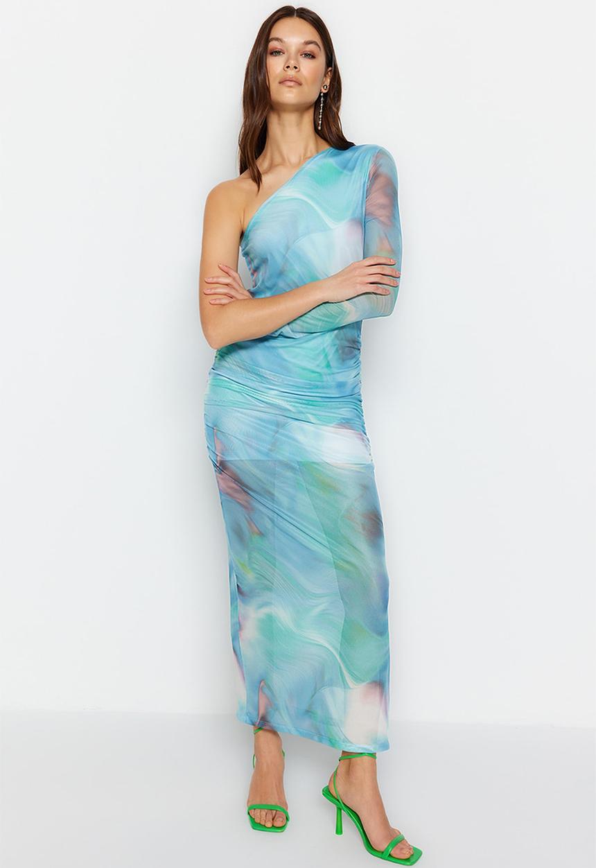 Trendyol - Patterned Draped Maxi Tulle Pencil Dress - Blue