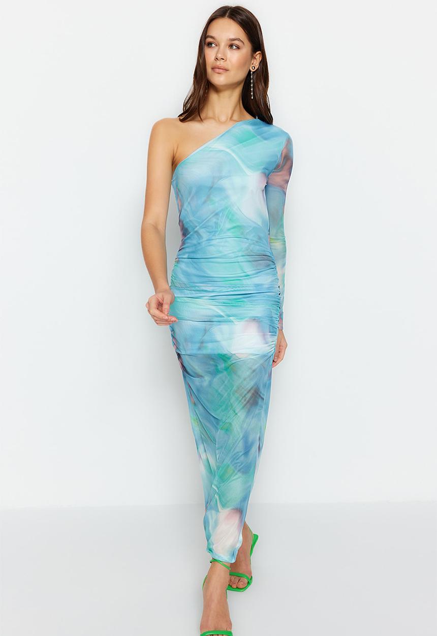 Trendyol - Patterned Draped Maxi Tulle Pencil Dress - Blue