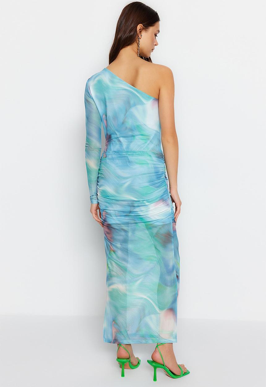 Trendyol - Patterned Draped Maxi Tulle Pencil Dress - Blue