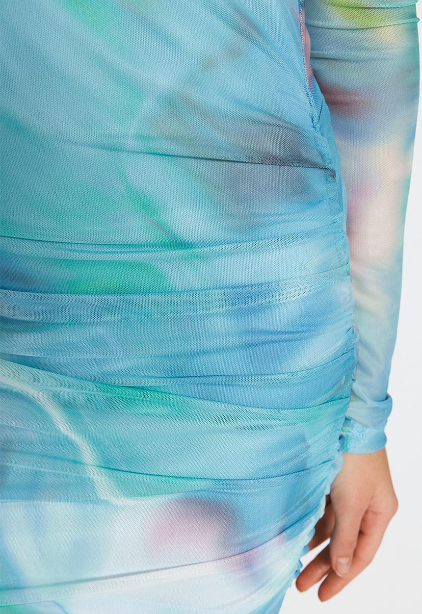 Trendyol - Patterned Draped Maxi Tulle Pencil Dress - Blue