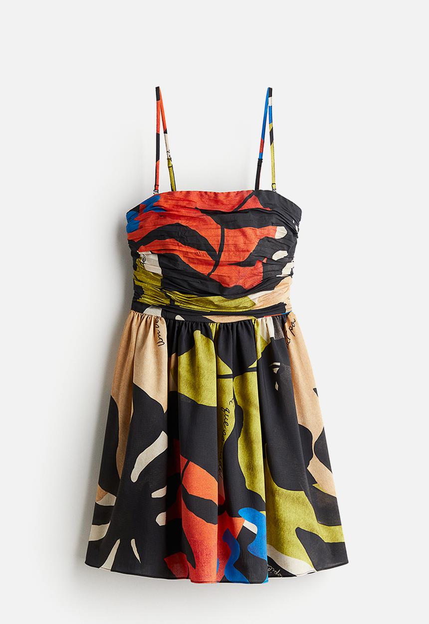 H&M - Flared-skirt bandeau dress - black/patterned