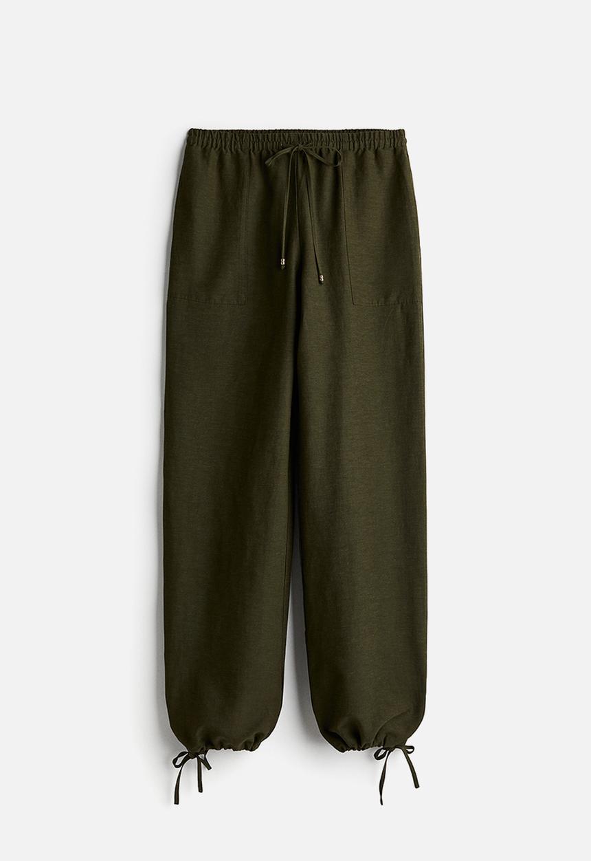 H&M - Linen-blend pull-on trousers - dark khaki green