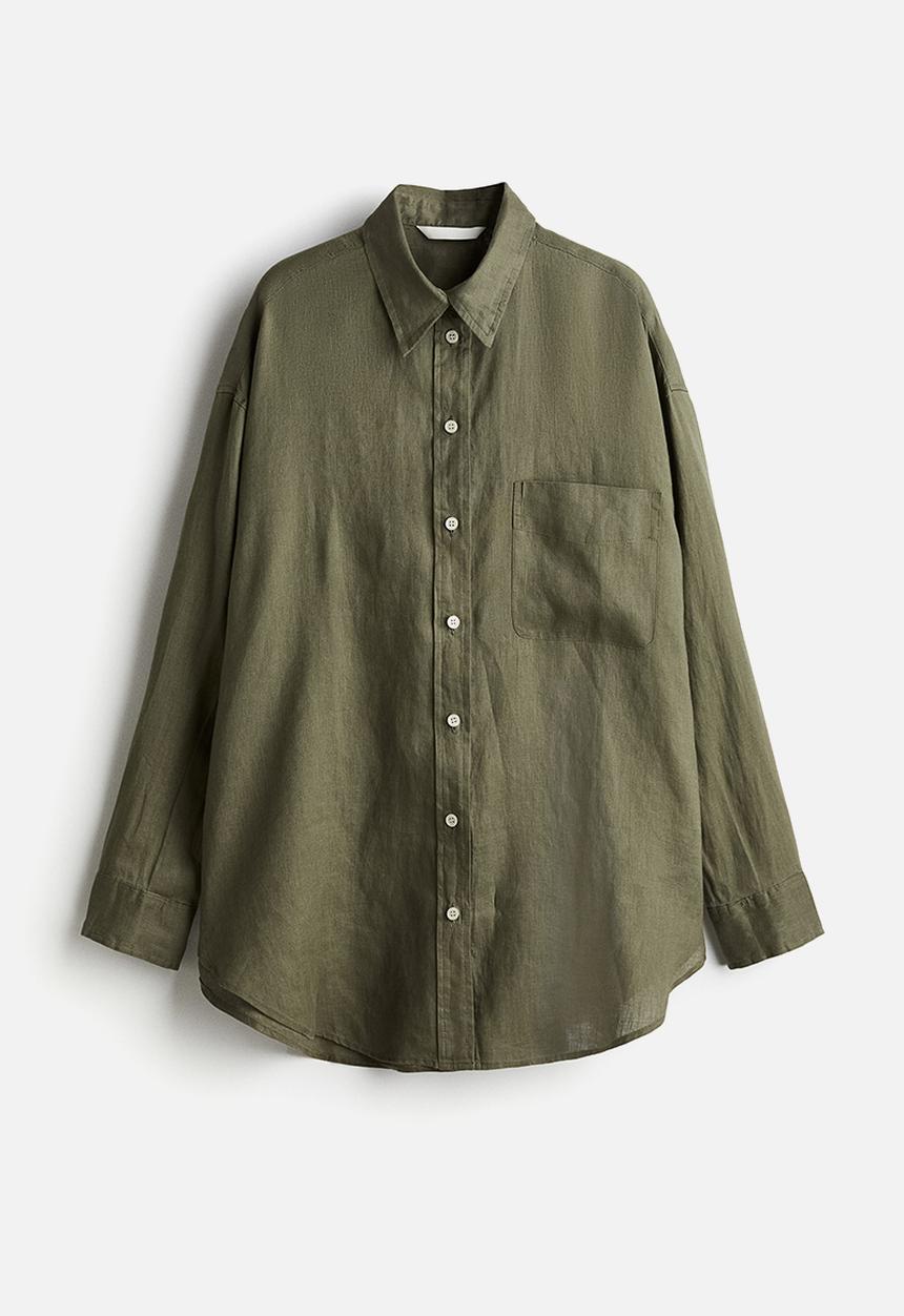H&M - Oversized linen shirt - dark khaki green
