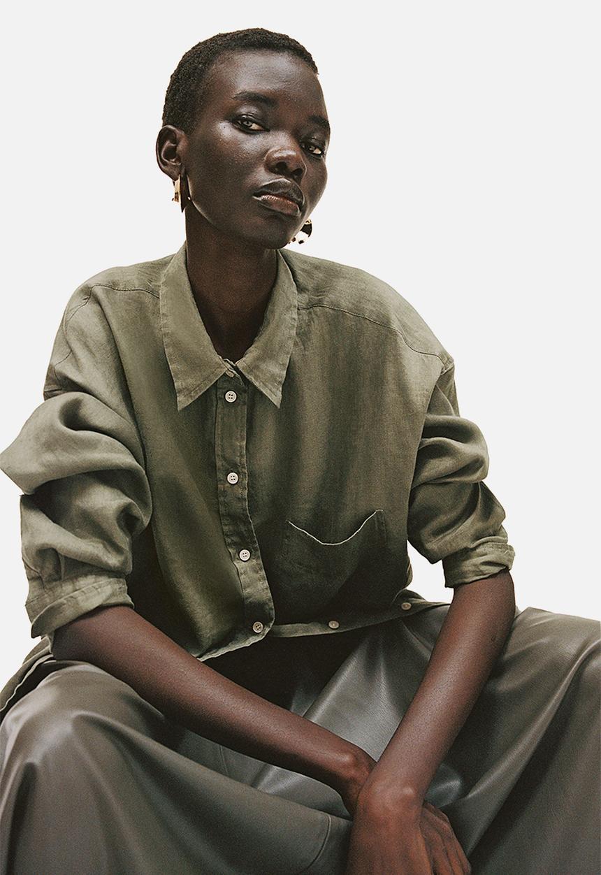 H&M - Oversized linen shirt - dark khaki green