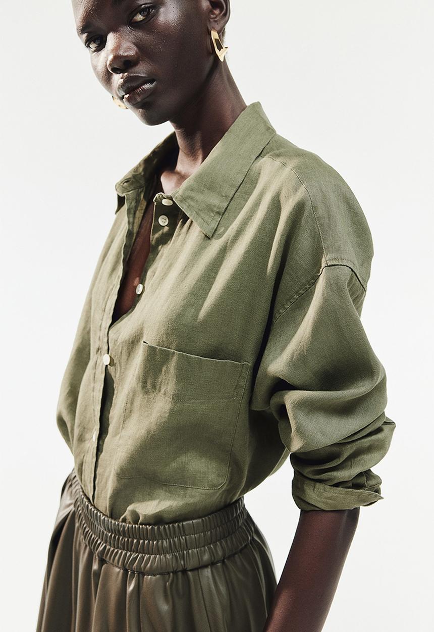 H&M - Oversized linen shirt - dark khaki green
