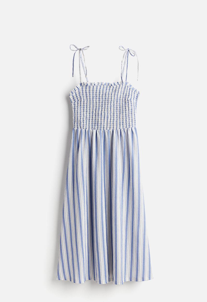 H&M - Tie-strap smocked dress - white,blue,multi