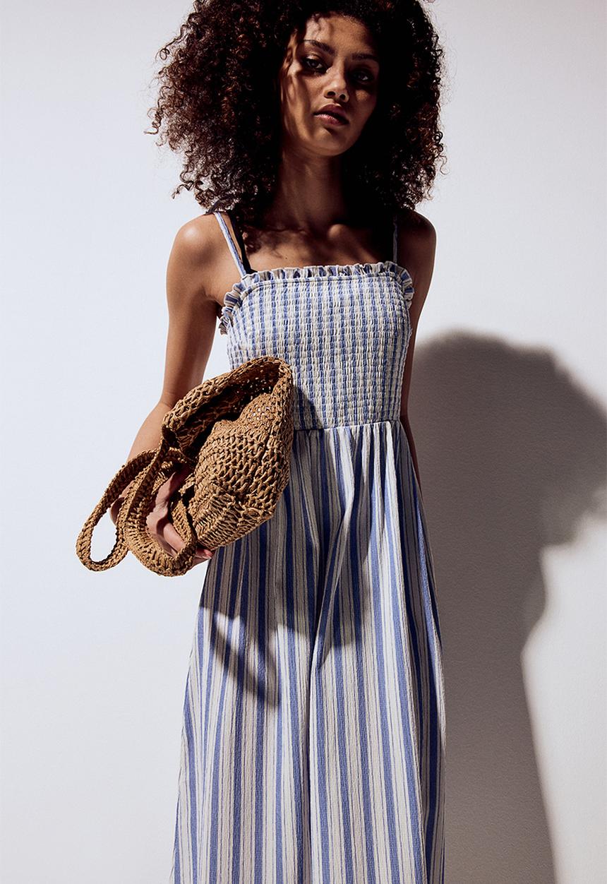 H&M - Tie-strap smocked dress - white,blue,multi