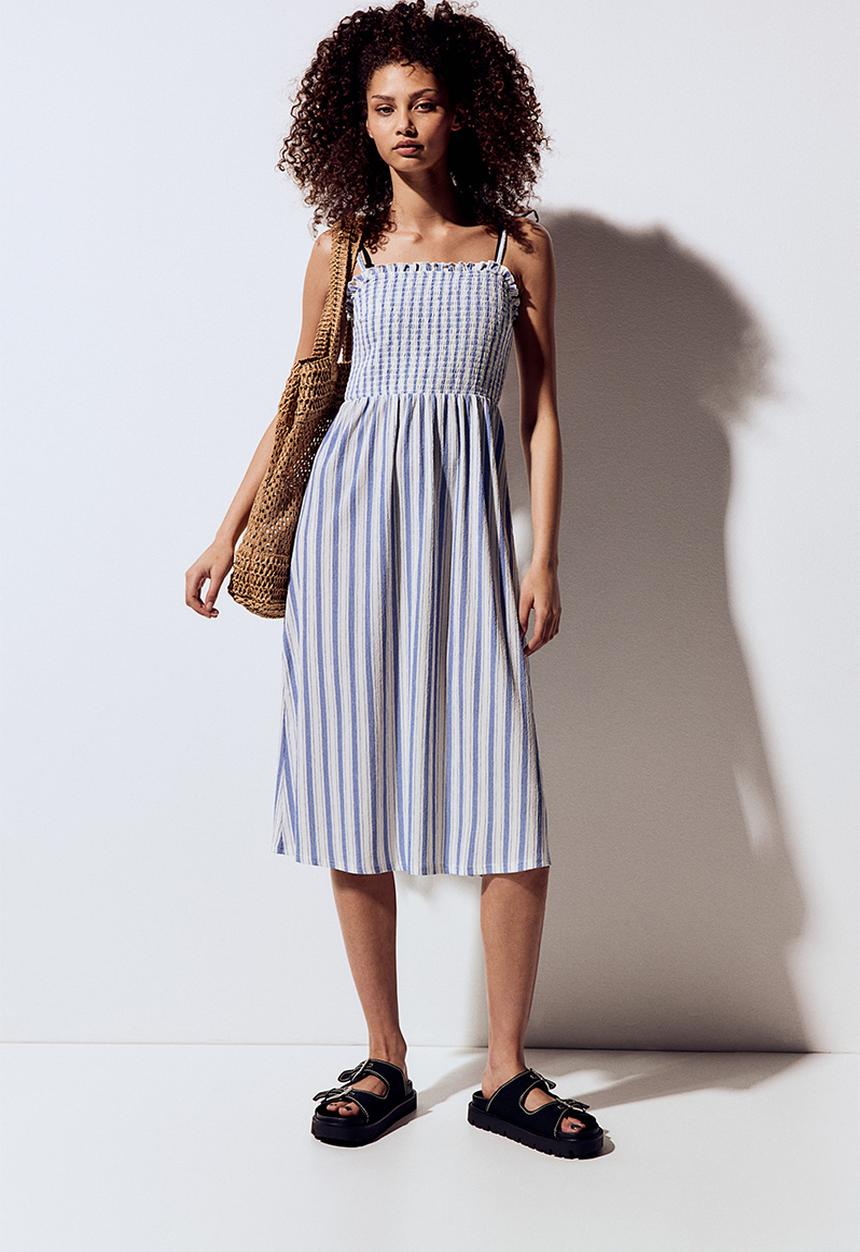 H&M - Tie-strap smocked dress - white,blue,multi