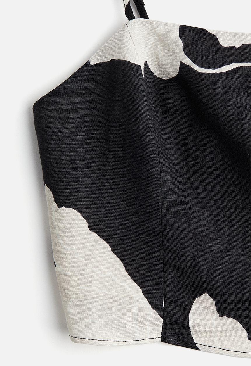 H&M - Cropped linen-blend top - black floral