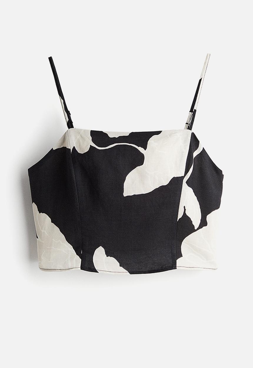 H&M - Cropped linen-blend top - black floral
