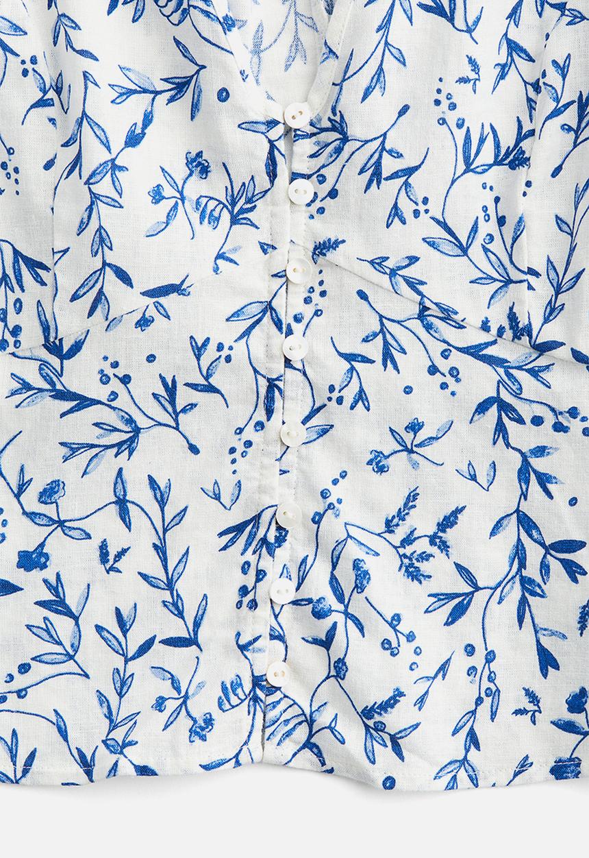 H&M - Linen-blend blouse - white blue floral 