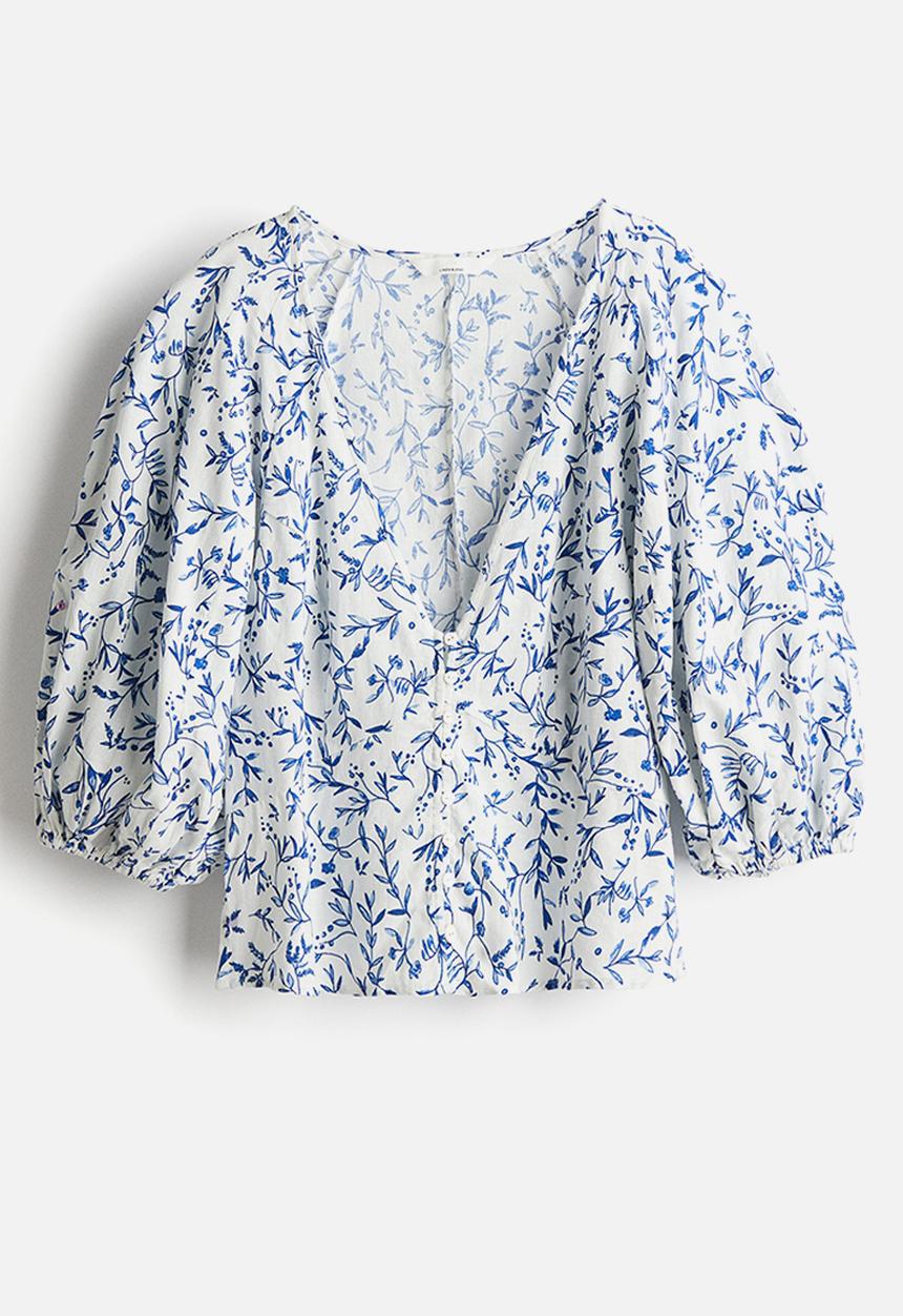 H&M - Linen-blend blouse - white blue floral 