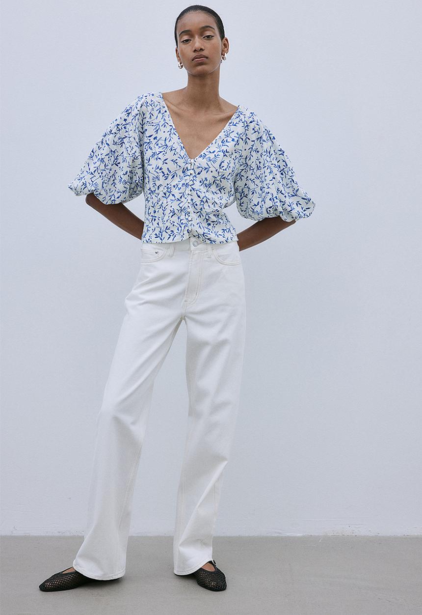H&M - Linen-blend blouse - white blue floral 