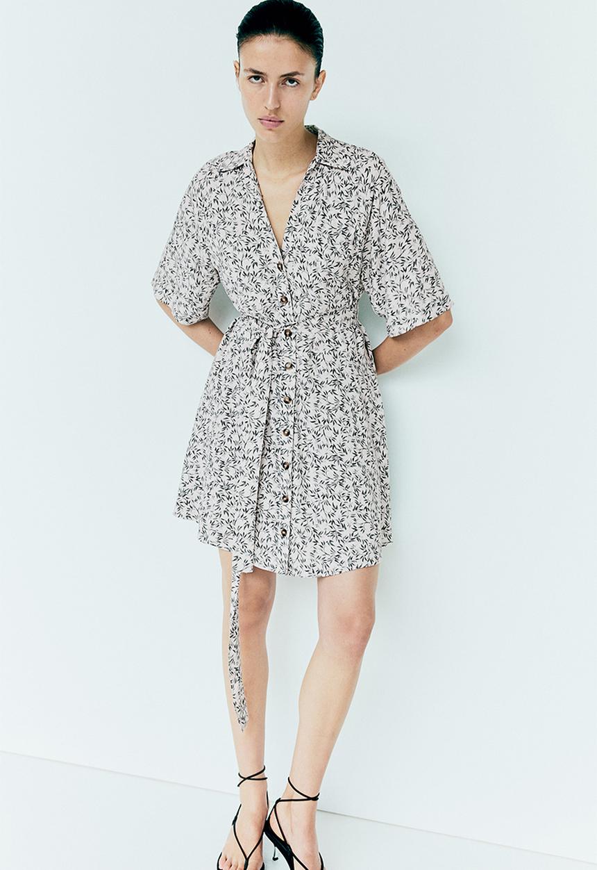 H&M - Tie-belt shirt dress - White Patterned