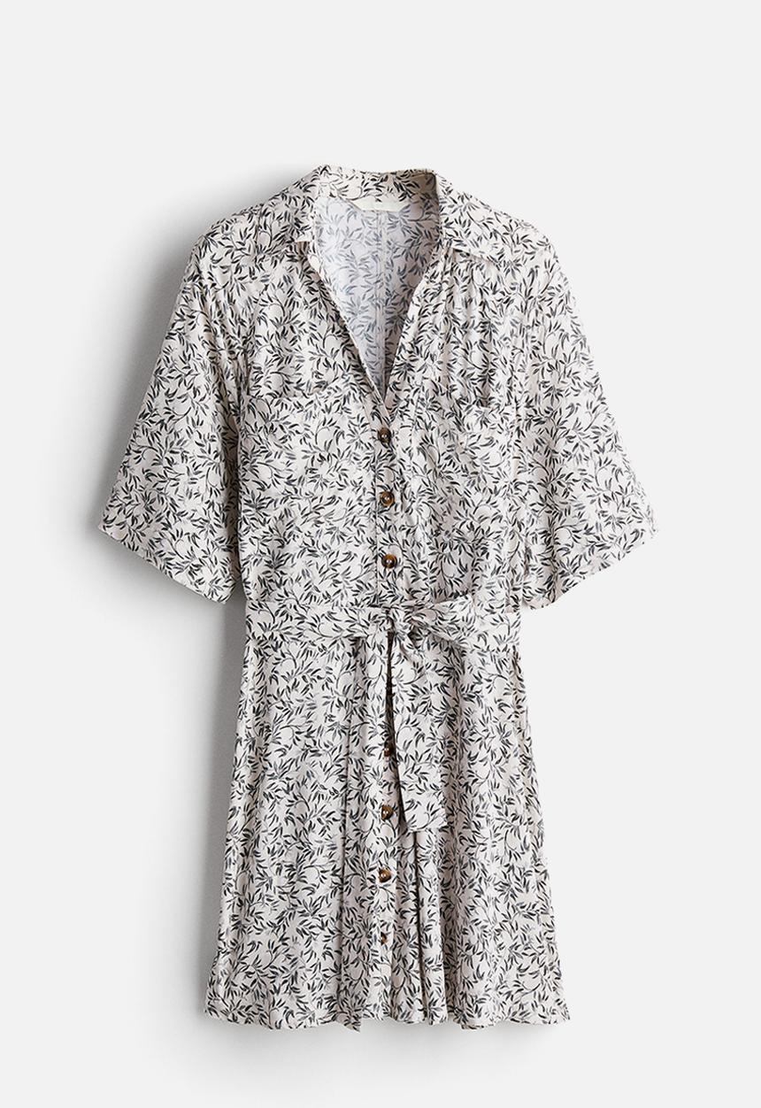 H&M - Tie-belt shirt dress - White Patterned