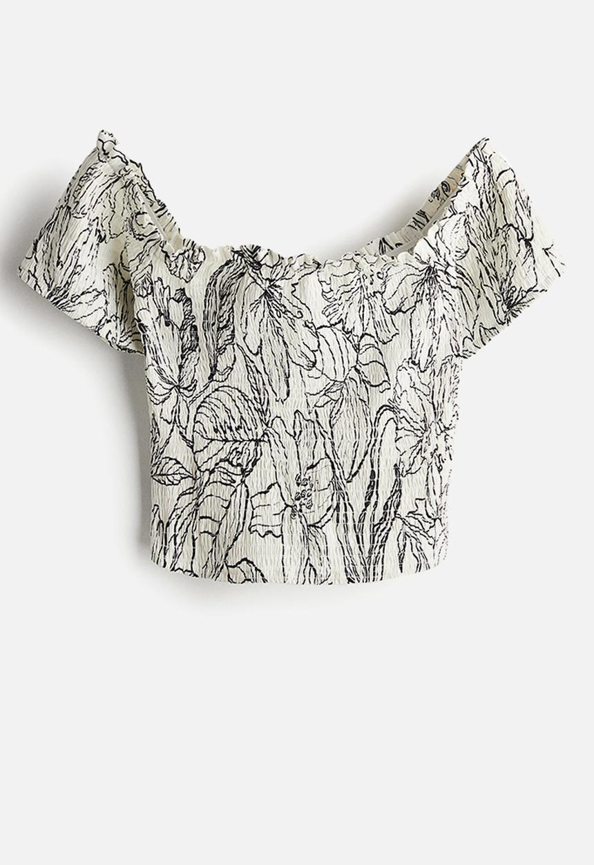 H&M - Linen-blend smocked top - white floral