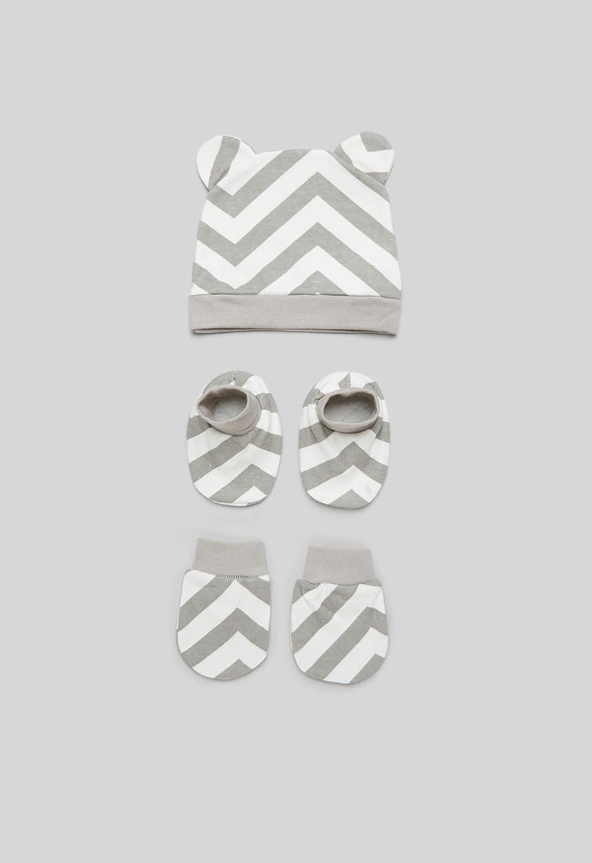 Pop Candy - Striped beanie & mitten set - grey & white