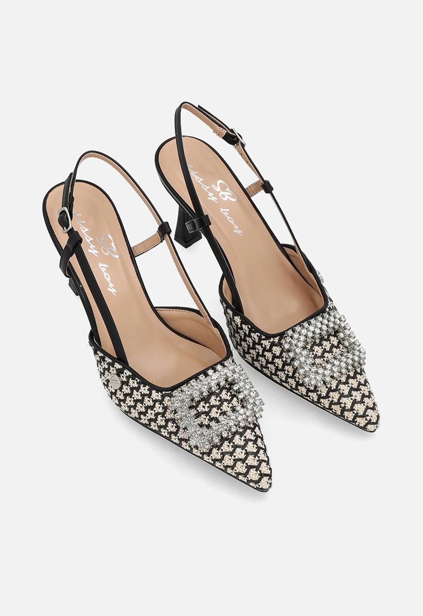 SISSY BOY - Fabric slingback heel with diamante broche - black