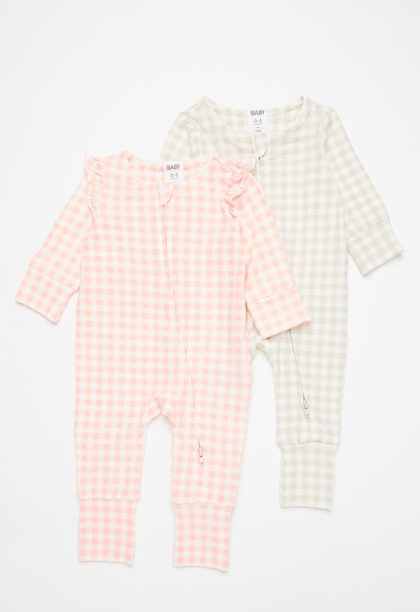 Cotton On - 2 pack long sleeve zip romper - pinky/gingham & rainy day/gingham