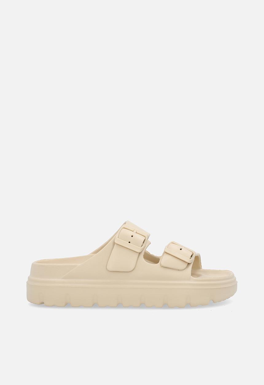 boohoo - Double strap footbed buckle sliders - bone