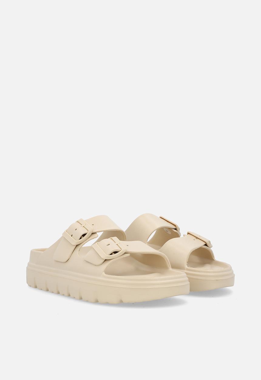 boohoo - Double strap footbed buckle sliders - bone