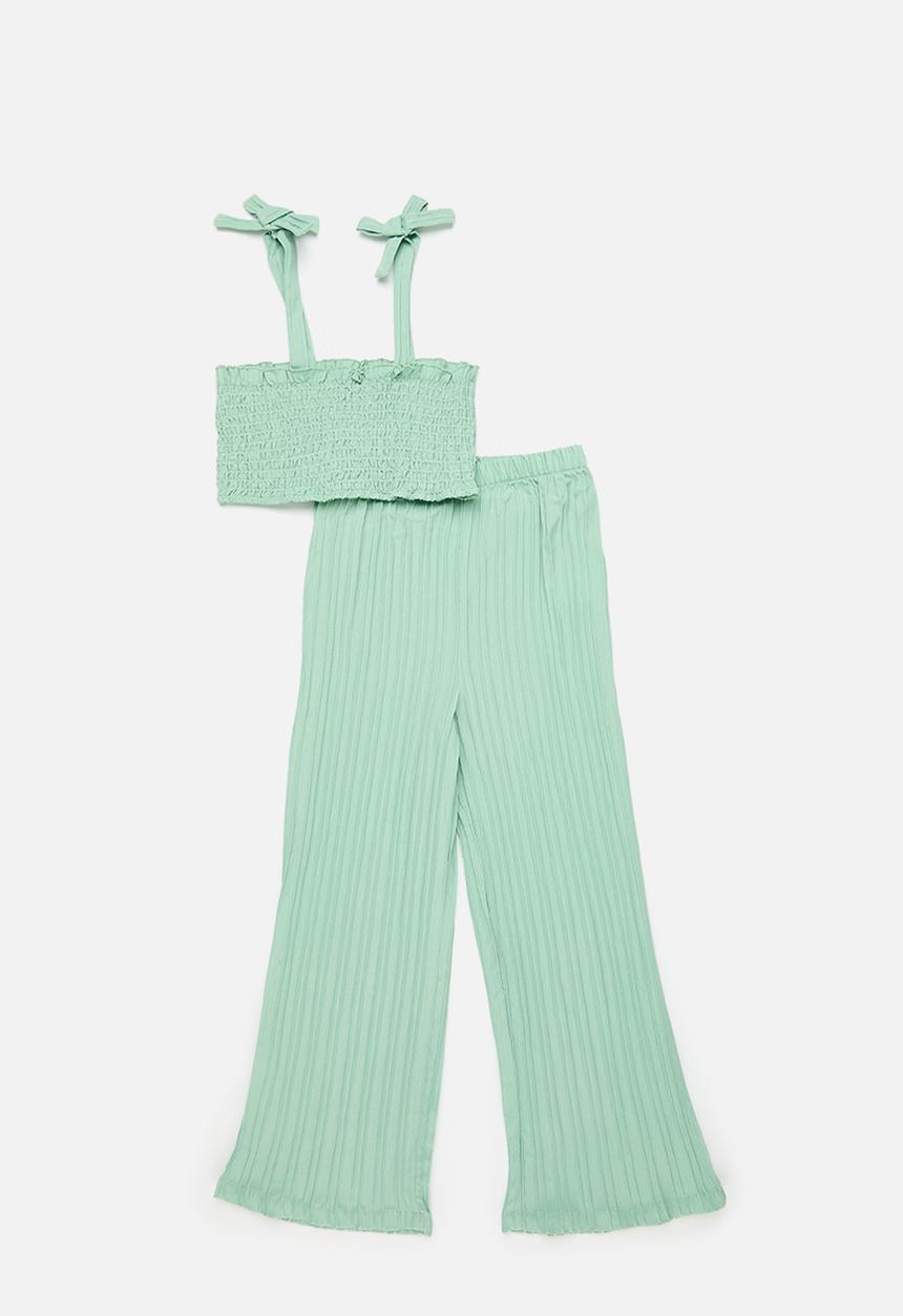 Pop Candy - Cropped smocked top & pant set - sage green
