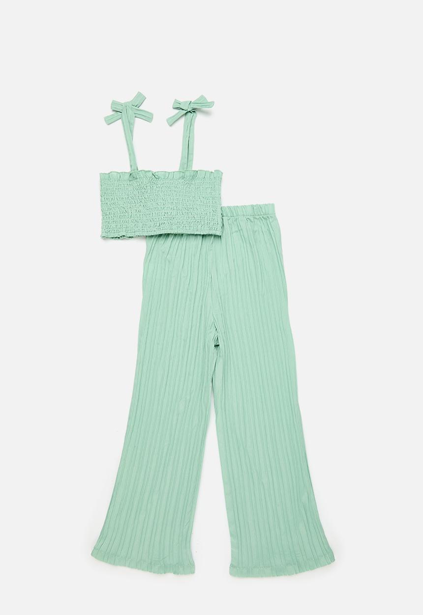 Pop Candy - Cropped smocked top & pant set - sage green