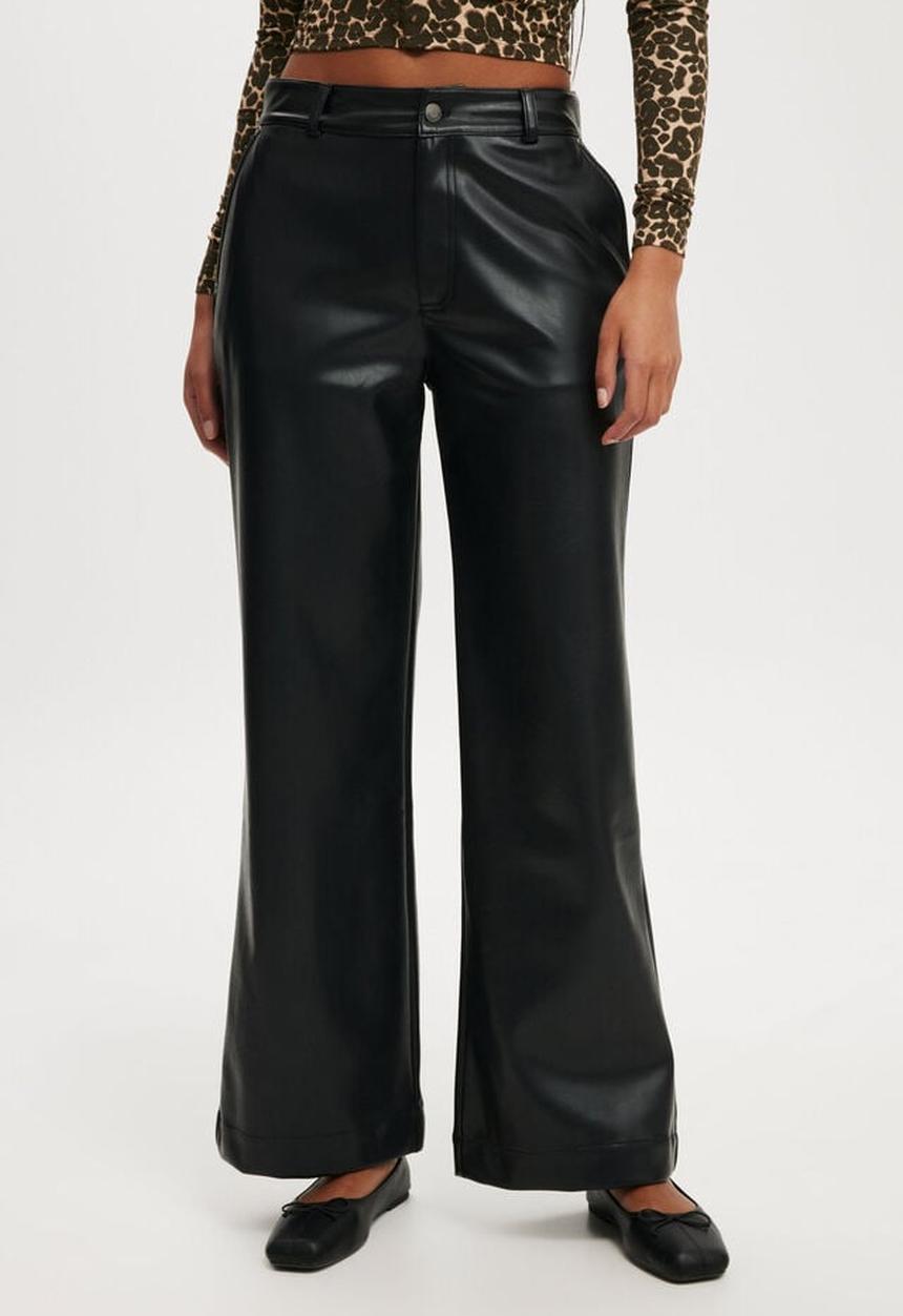 Faux leather wide leg pant - black