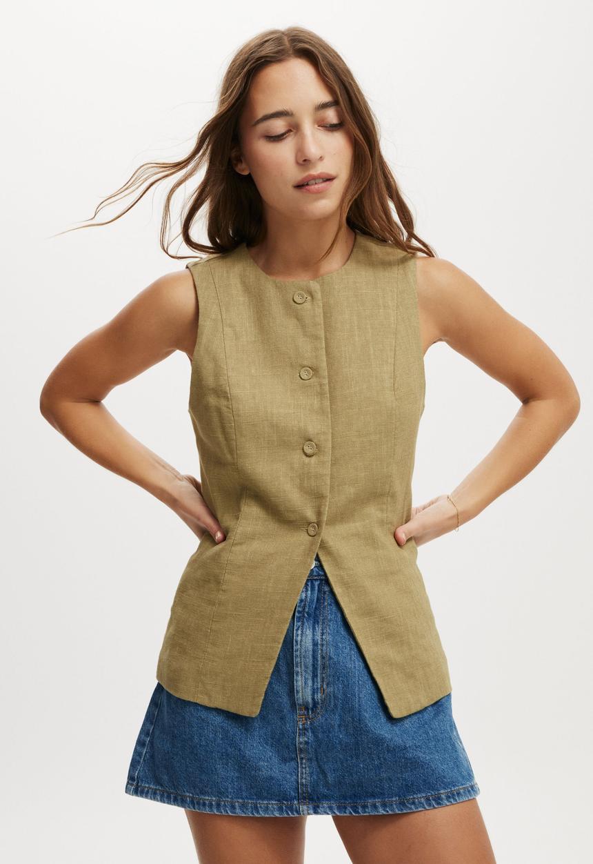 Cotton On - Sienna Linen Cotton Vest - Olive