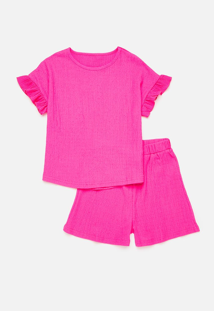 Pop Candy - Frilled sleeve set - neon pink