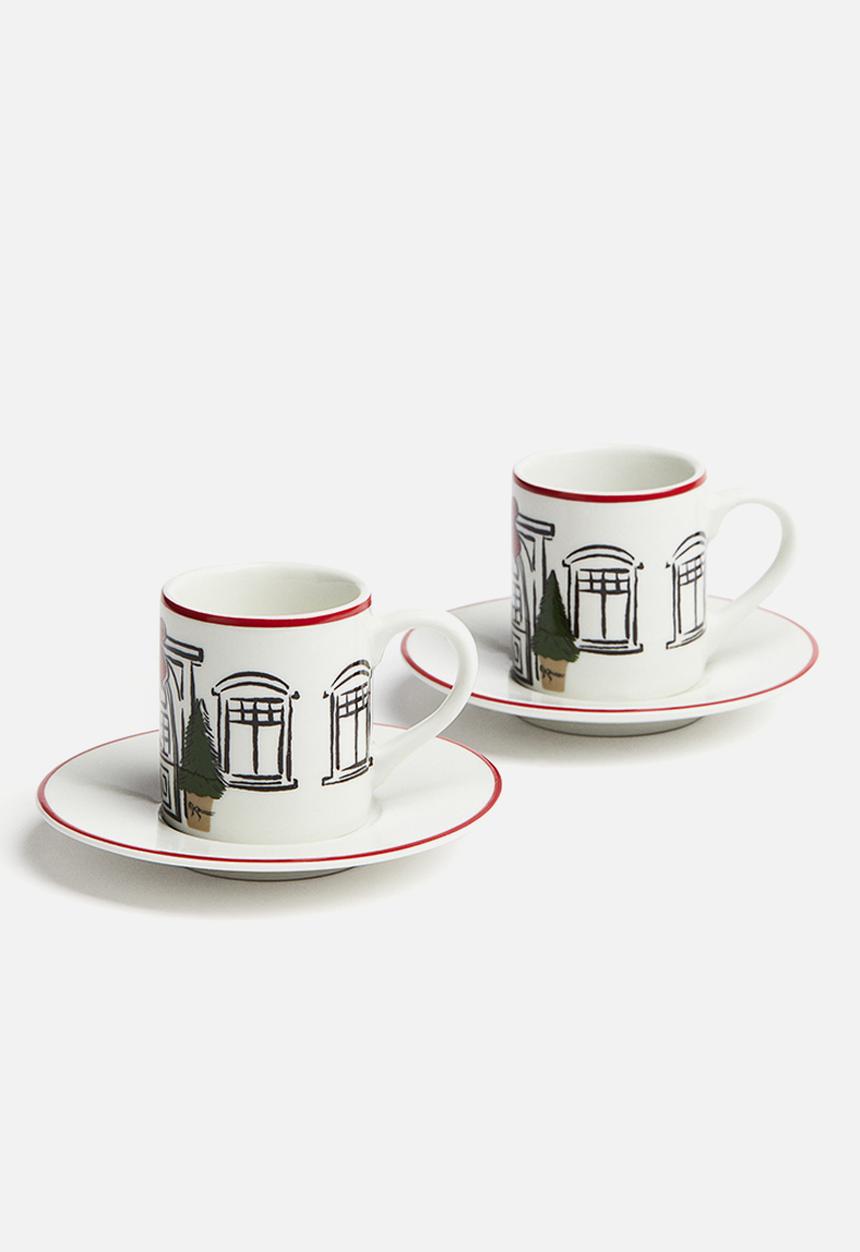 H&M - Gift-boxed 2-pack espresso cups & saucers - white/house
