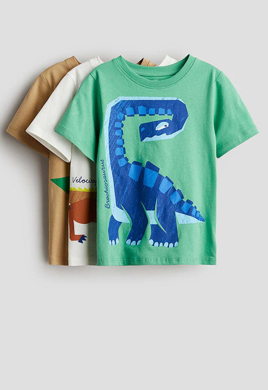 H&M - 3-pack printed t-shirts - green,beige,white,multi