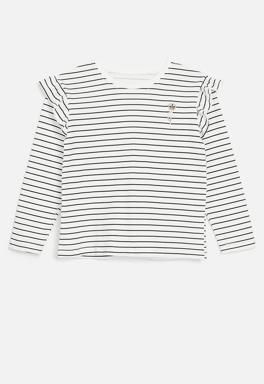 Pop Candy - Striped frilled tee-ecru & black