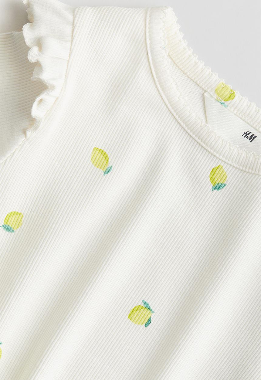 H&M - Frill-trimmed ribbed T-shirt - white lemons