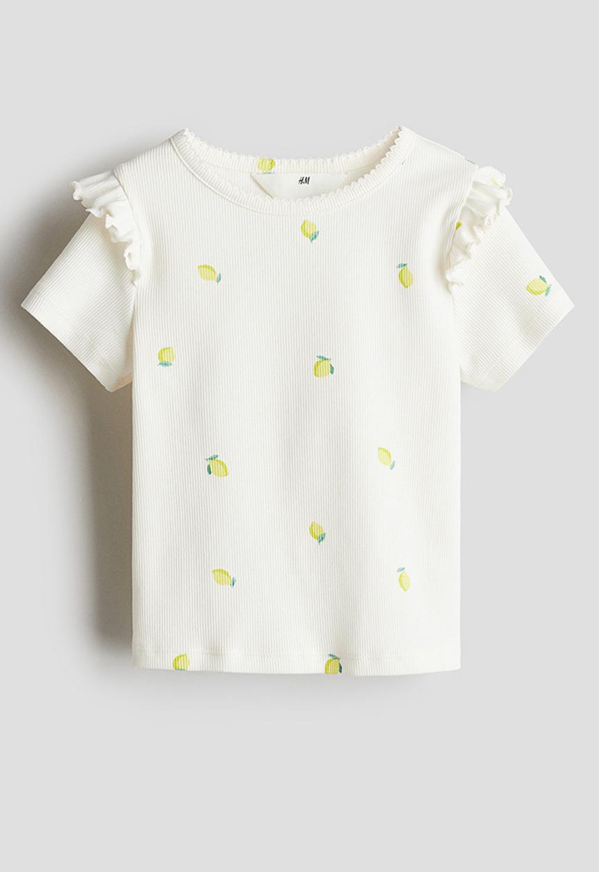 H&M - Frill-trimmed ribbed T-shirt - white lemons