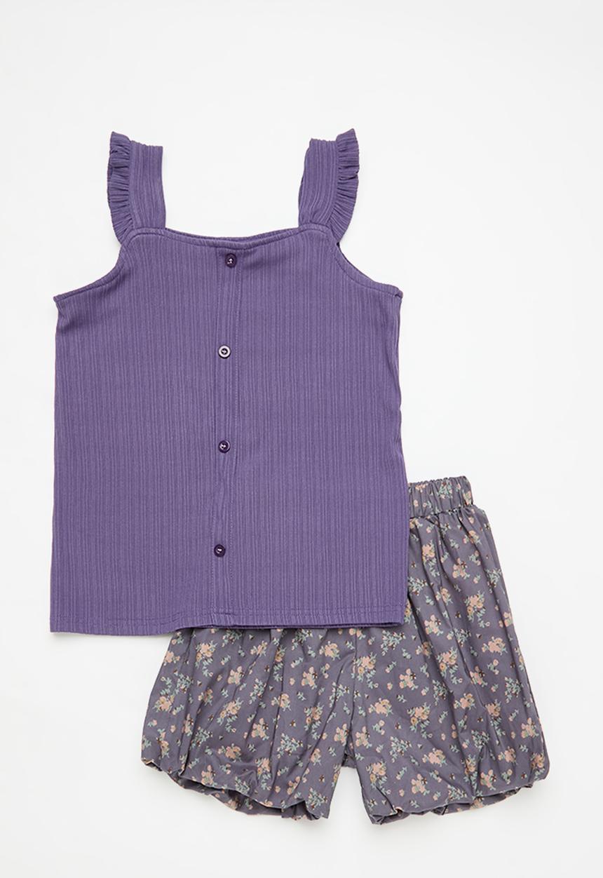 Pop Candy - Frilled top & floral short set - purple