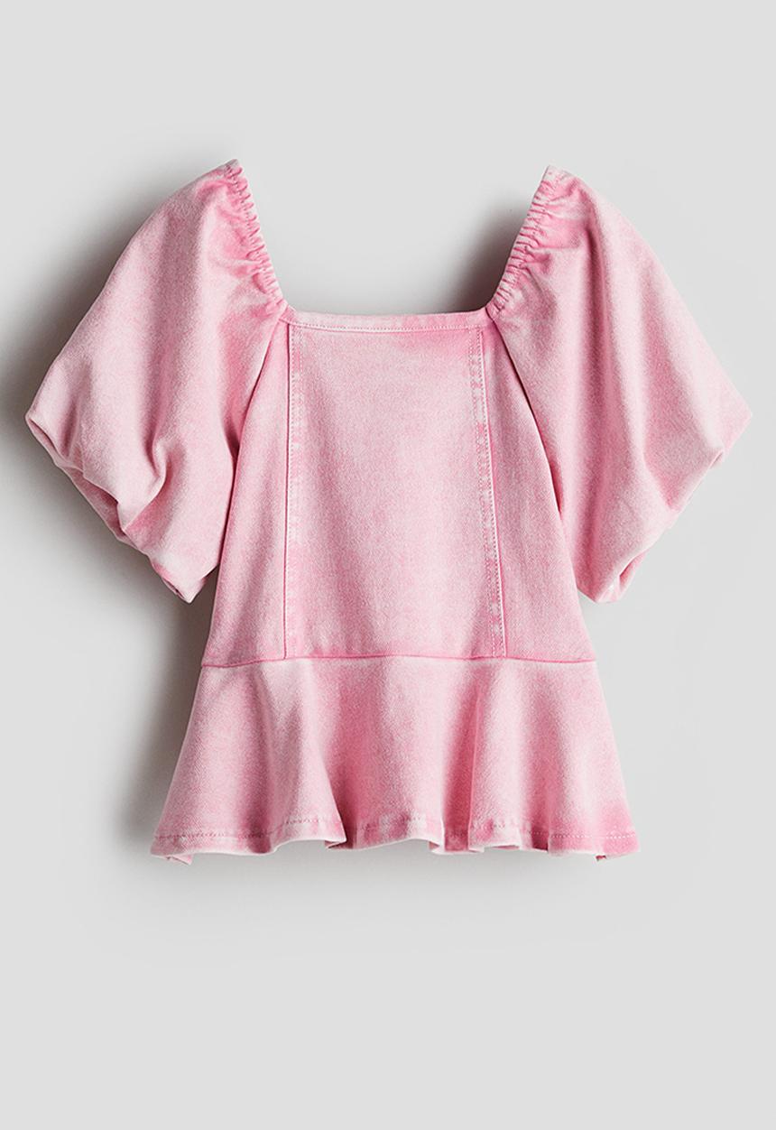 H&M - Denim-look peplum blouse - light pink