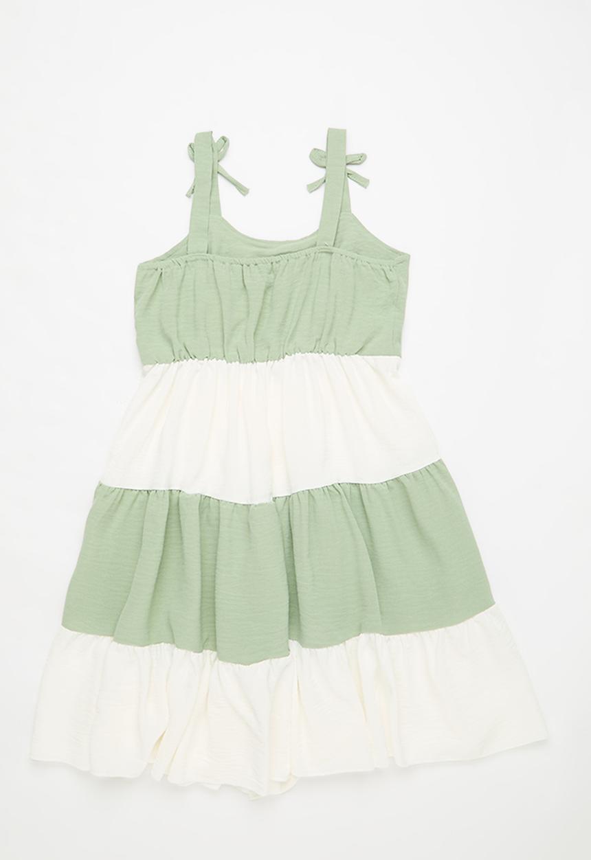 Pop Candy - Shoulder tie strap dress - sage & white