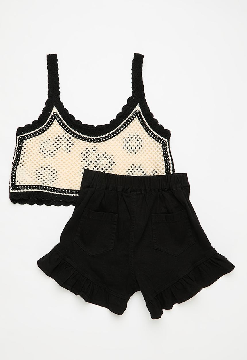 Pop Candy - Cropped cami top & short set - black & cream 