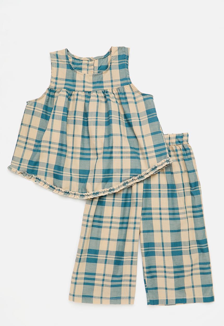 Pop Candy - Gingham top & bottom set - ecru & blue