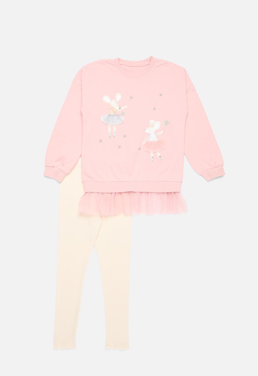 Pop Candy - Printed sweat top & legging set - pink & ecru