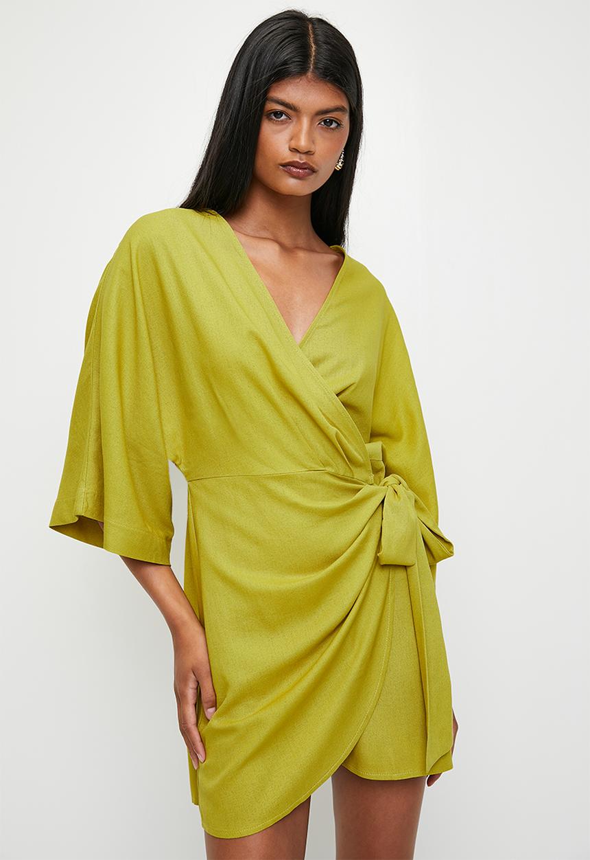 Superbalist - Linen Blend Wrap Mini Dress - Green