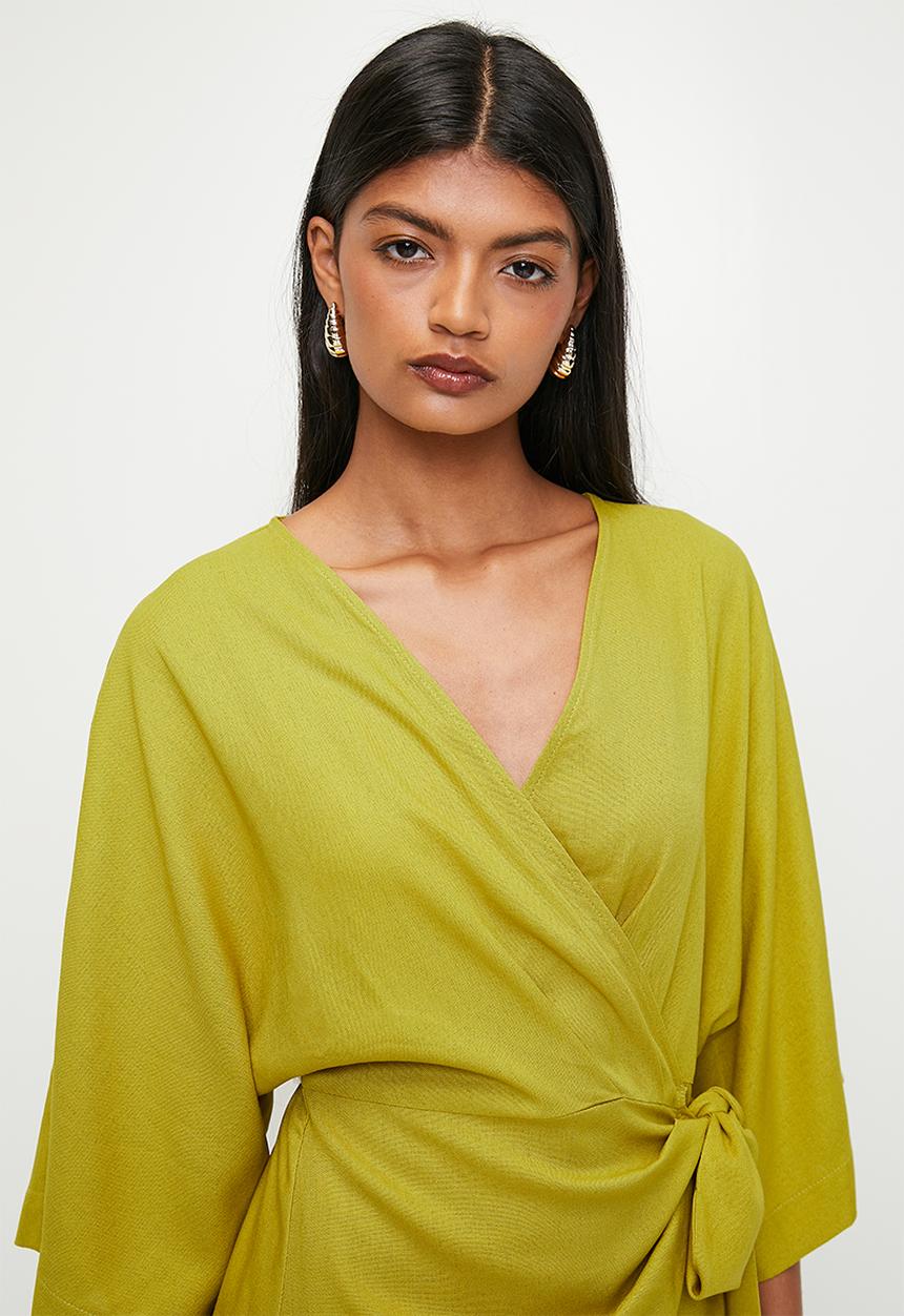 Superbalist - Linen Blend Wrap Mini Dress - Green
