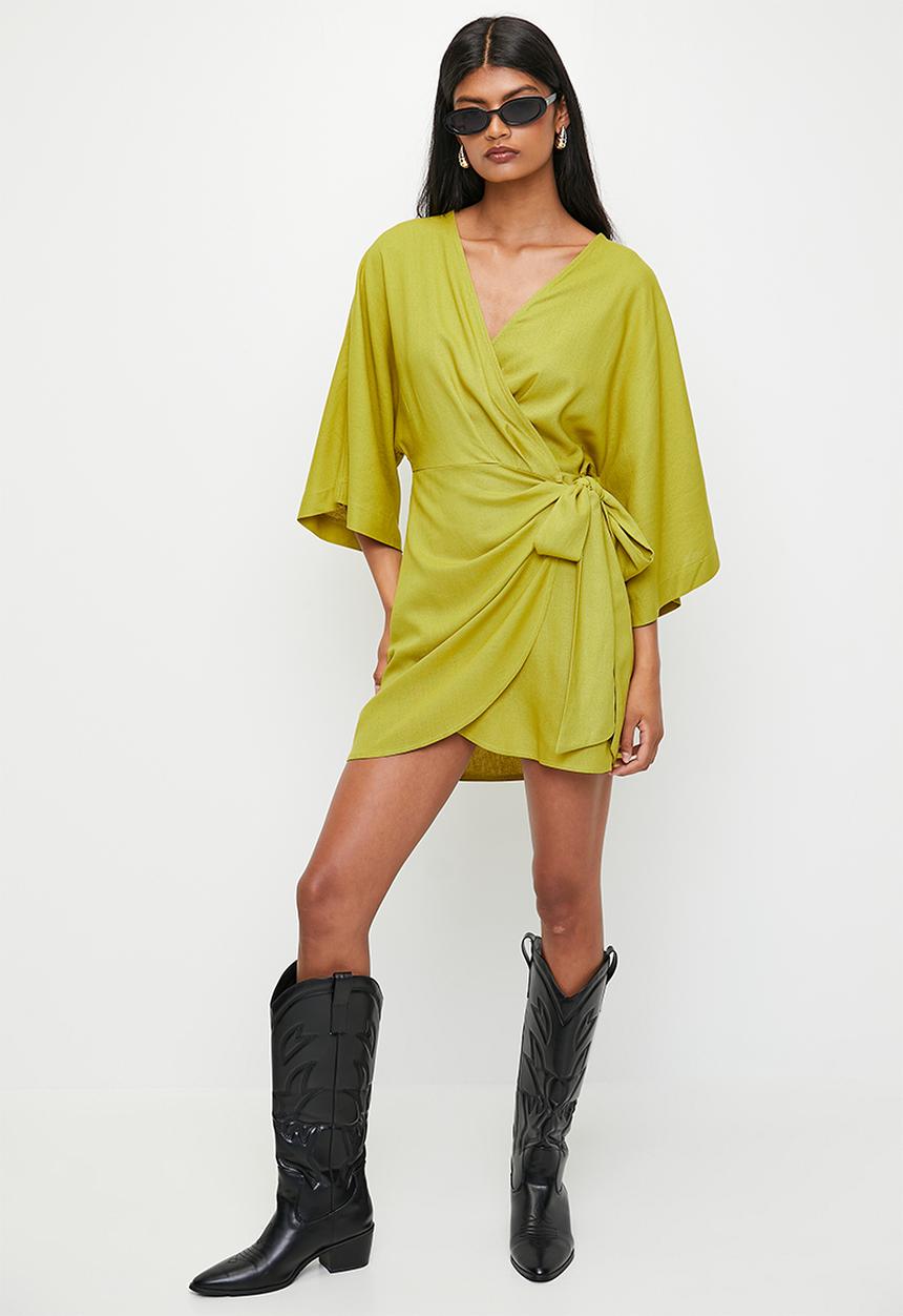 Superbalist - Linen Blend Wrap Mini Dress - Green