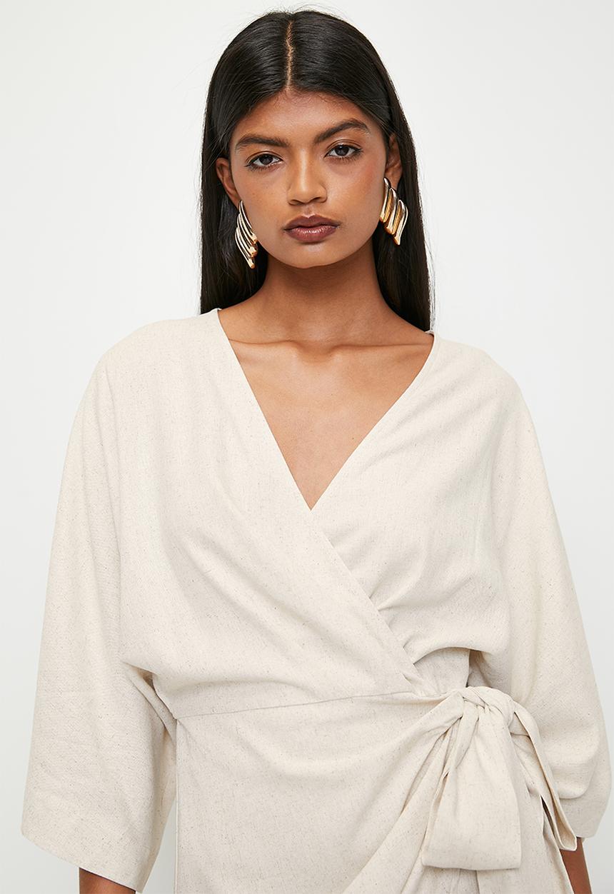 Superbalist - Linen Blend Wrap Mini Dress - Neutral