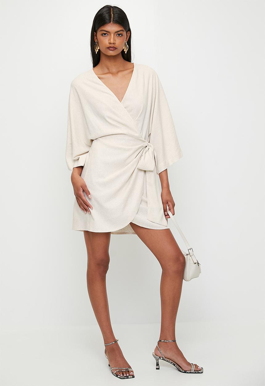 Superbalist - Linen Blend Wrap Mini Dress - Neutral
