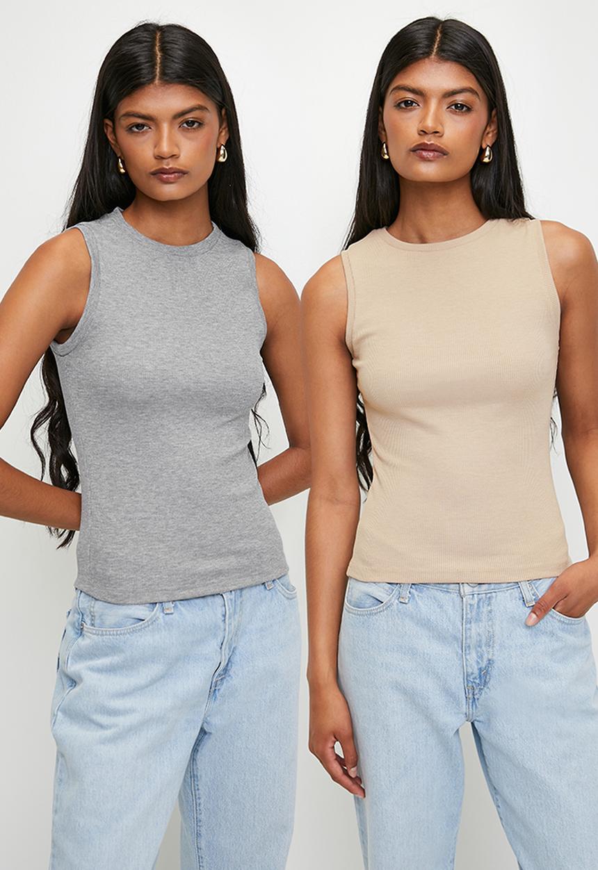 Superbalist - 2 Pack rib vest - stone & light grey	